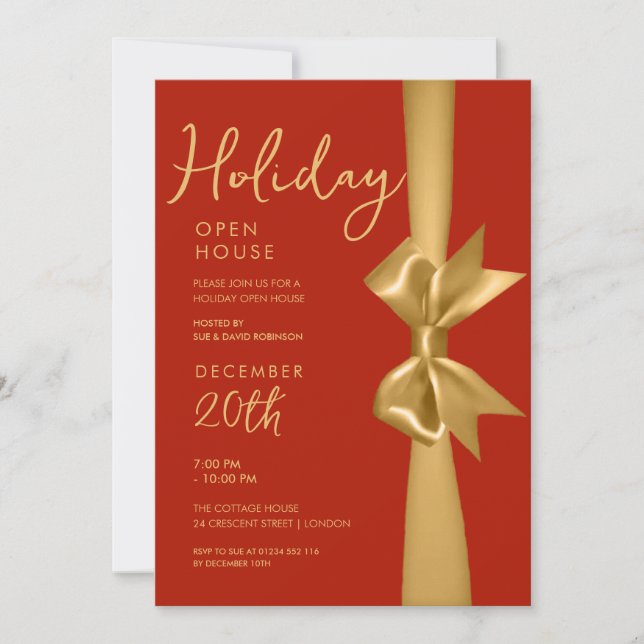 Christmas Holiday Open House Gold Ribbon Red  Invitation (Front)
