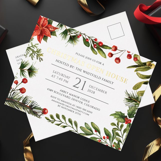 Christmas Holiday Open House Greenery Gold Foil (Christmas Red Berries Poinsettia Party Invitation Postcard)