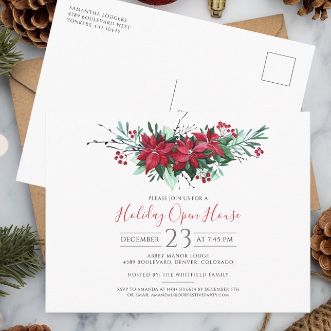 Christmas Holiday Open House Party Floral Invitation Postcard (Christmas Open House Script Poinsettia Party Invitation)