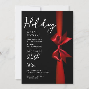 Christmas Holiday Open House Red Ribbon Black Invitation