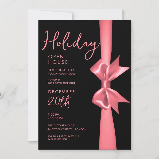 Christmas Holiday Open House Rose Gold Ribbon  Invitation (Front)