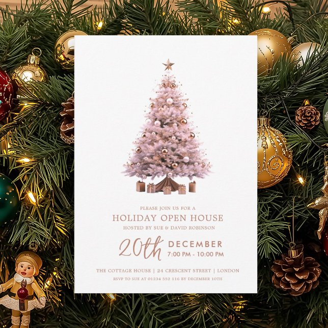 Christmas Holiday Open House Rose Gold Xmas Tree  Invitation (Christmas Holiday Open House Rose Gold Xmas Tree Invitation)