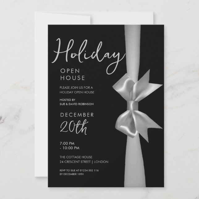 Christmas Holiday Open House Silver Ribbon  Invitation (Front)