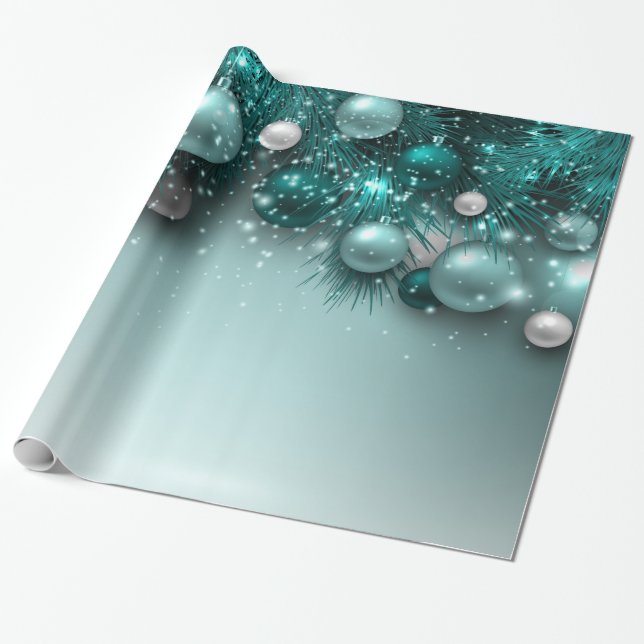 Christmas Holiday Ornaments - Teal Wrapping Paper (Unrolled)