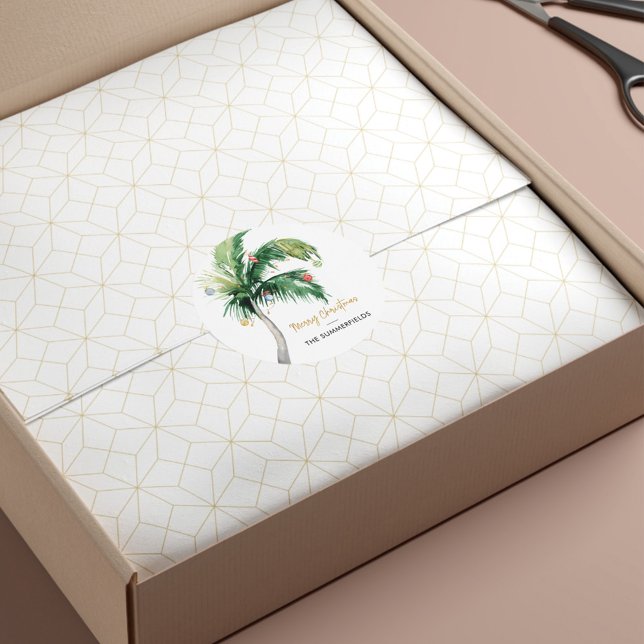 Christmas Holiday Palm Tree Family Name Classic Round Sticker (Palm Tree Christmas Script Elegant Stickers)