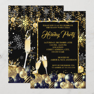 Christmas Holiday Party Gold Black Snowflakes Invitation