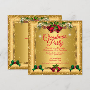 Christmas Holiday Party Gold Red Glitter 2 Invitation