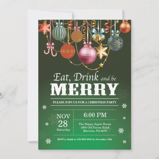 Christmas Holiday Party Invitation Eat Drink Merry (Front)