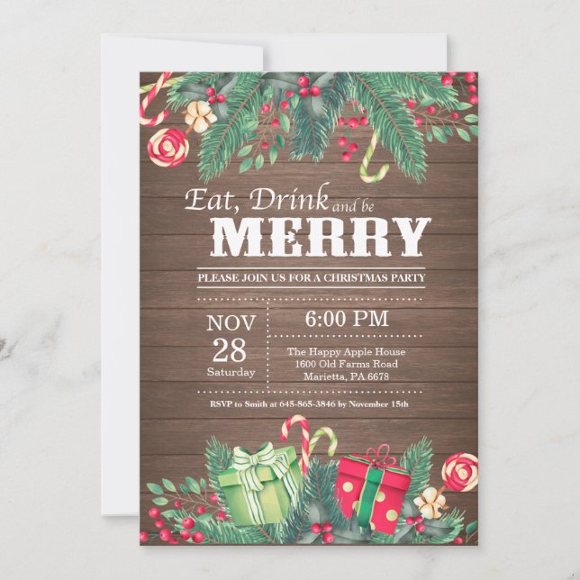 Christmas Holiday Party Invitation Rustic Wood (Front)
