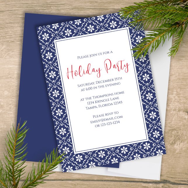 Christmas Holiday Party Navy Blue Snowflake Cute Invitation (Christmas holiday party navy blue snowflake pattern and stylish calligraphy invitation. )