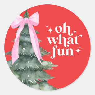 Christmas Holiday Party Oh What Fun Pink Classic Round Sticker
