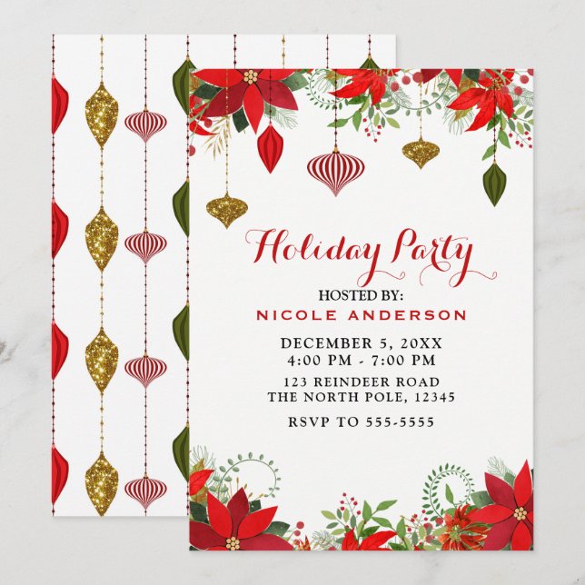 Christmas Holiday Party Ornaments & Poinsettia Invitation (Front/Back)