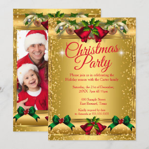 Christmas Holiday Party  Photo Gold Red Invitation