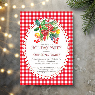 Christmas holiday party red gingham pines invitation