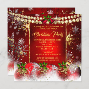 Christmas Holiday Party red gold Baubles Holly Invitation