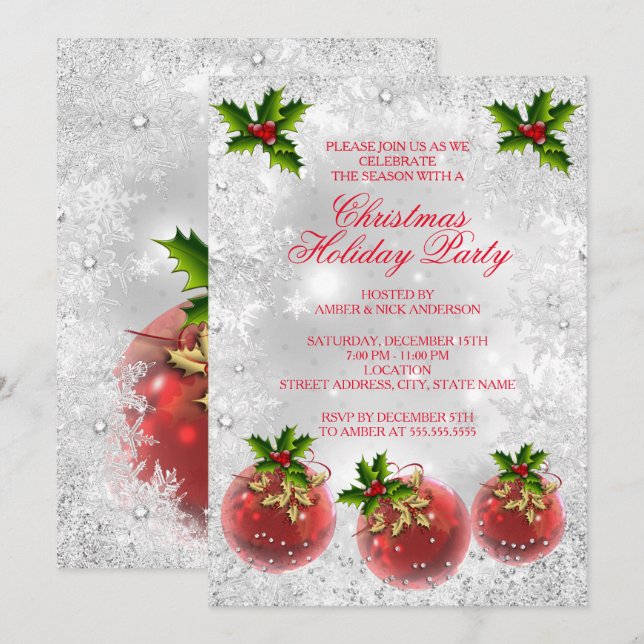 Christmas Holiday Party Red Holly Bauble Silver Invitation (Front/Back)