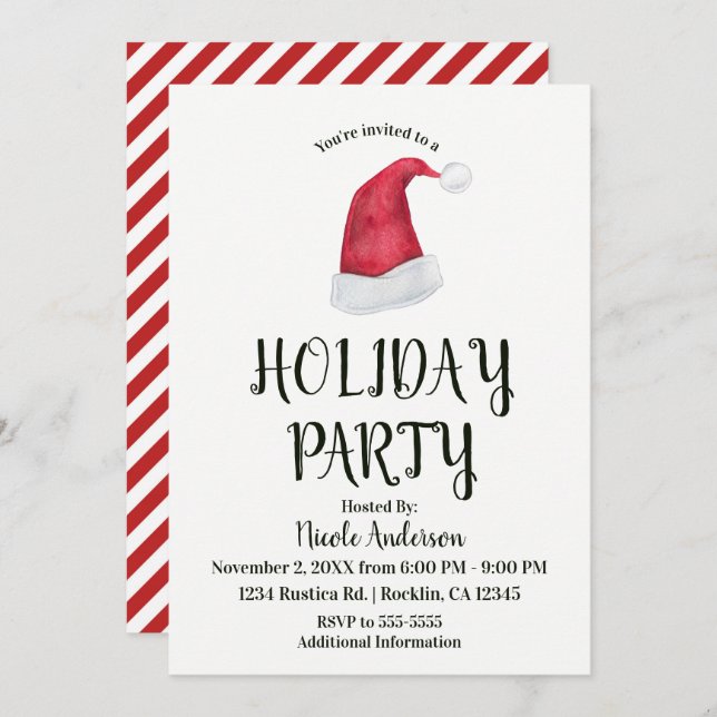 Christmas Holiday Party Red Santa Hat & Stripes Invitation (Front/Back)