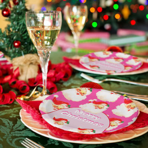 Christmas Holiday Party Santa Claus Pink Paper Plate
