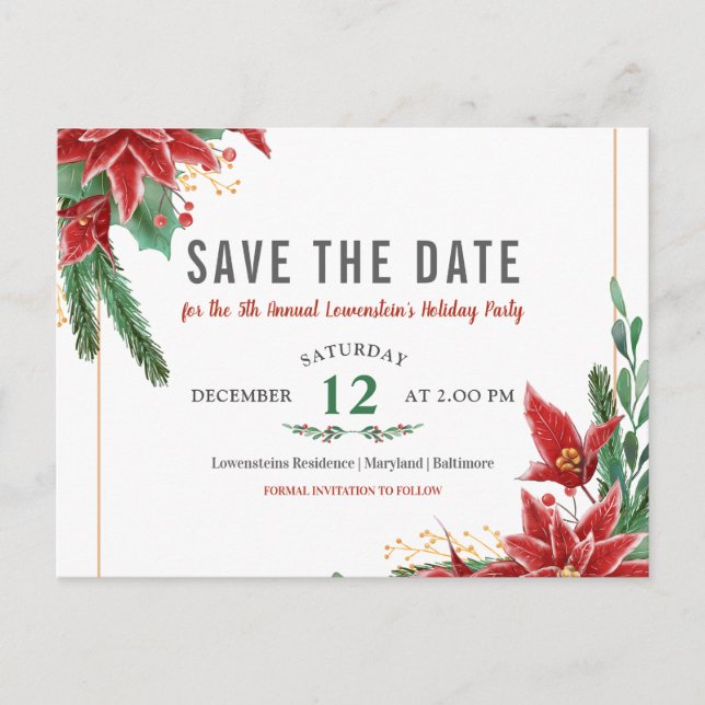 Christmas Holiday Party  Save The Date Poinsettia Announcement Postcard (Front)