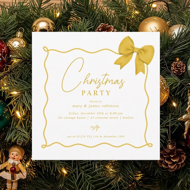 Christmas Holiday Party Whimsical Gold Bow  Invitation (Christmas Holiday Party Whimsical Gold Bow Invitation)