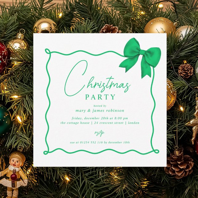 Christmas Holiday Party Whimsical Green Bow  Invitation (Christmas Holiday Party Whimsical Green Bow Invitation)