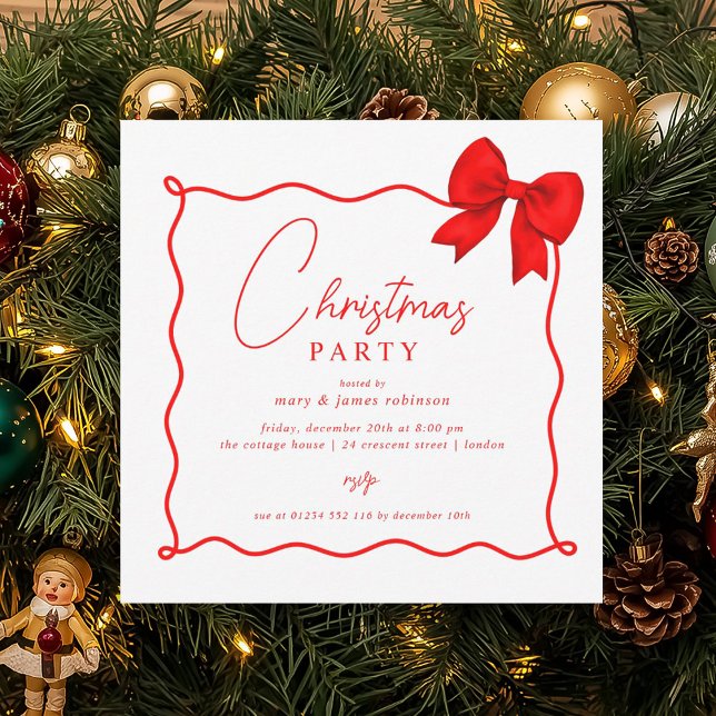 Christmas Holiday Party Whimsical Red Bow  Invitation (Christmas Holiday Party Whimsical Red Bow Invitation)