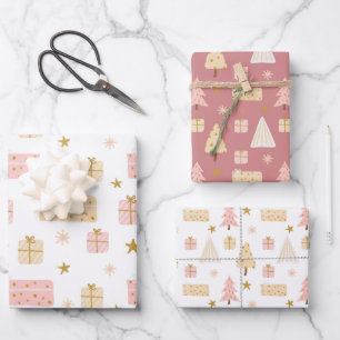 Christmas Holiday Pattern Pink Tree and Gifts Wrapping Paper Sheet