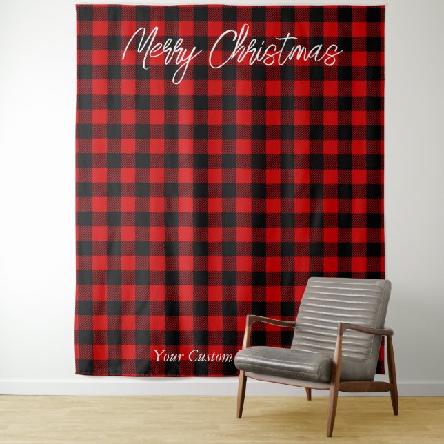Christmas Holiday Photo Backdrop Buffalo Plaid Tapestry (In Situ)