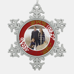 Christmas Holiday Photo Damask Pattern Snowflake Pewter Christmas Ornament