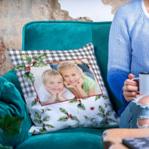 Christmas Holiday Photo Plaid Watercolor Floral Cushion
