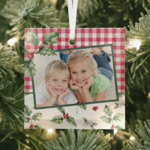 Christmas Holiday Photo Plaid Watercolor Floral Glass Tree Decoration