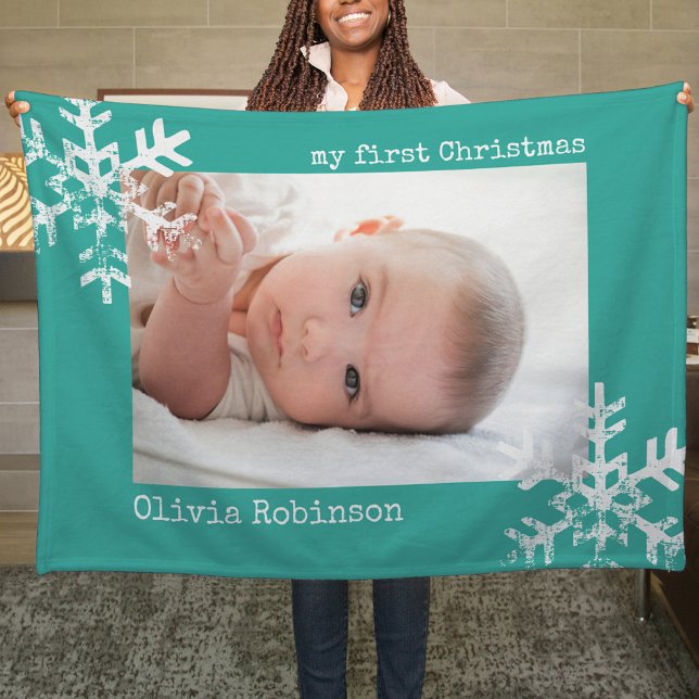 Christmas Holiday Photo Snowflake Teal Fleece Blanket (Rustic snowflake family Christmas holiday keepsake photo ornament perfect to bring joy to others.)