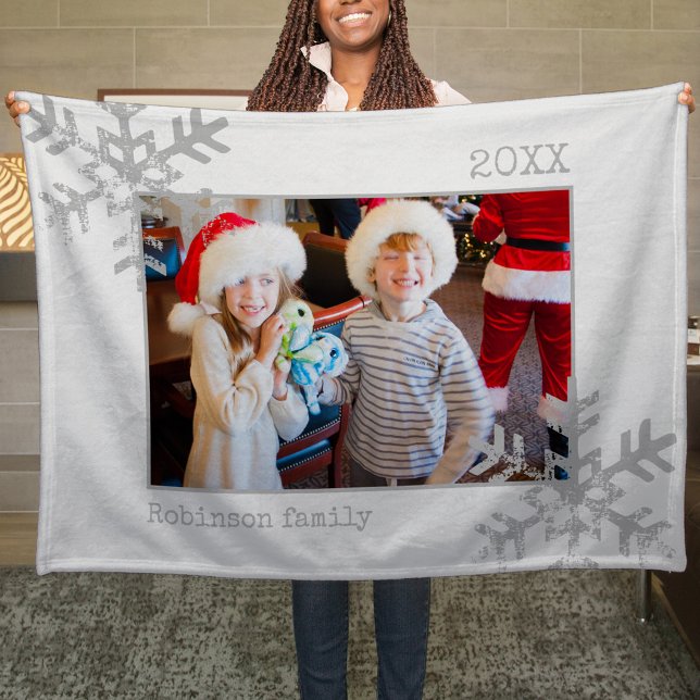 Christmas Holiday Photo Snowflake White Fleece Blanket (Rustic snowflake family Christmas holiday keepsake photo ornament perfect to bring joy to others.)
