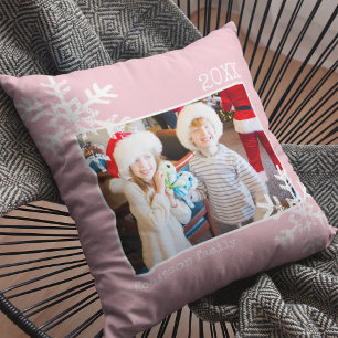 Christmas Holiday Photo Snowflakes Pink Cushion