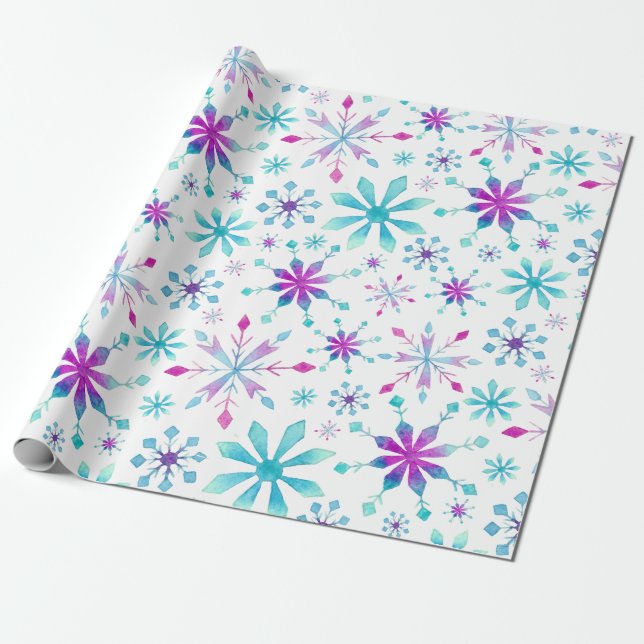 Christmas Holiday Pink Blue Snowflake Pattern Wrapping Paper (Unrolled)