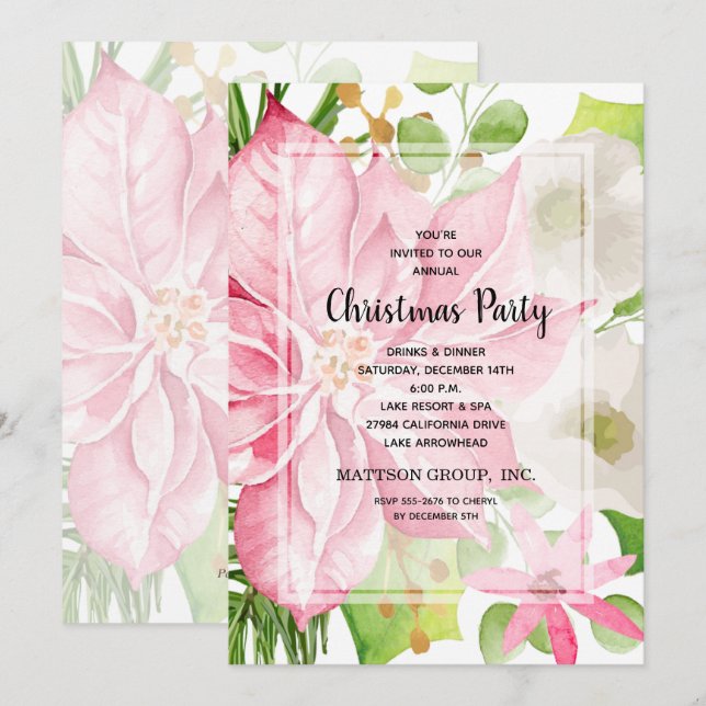 Christmas Holiday Pink Poinsettia Floral Invites (Front/Back)