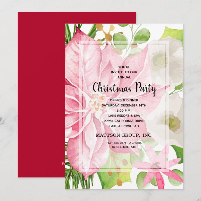 Christmas Holiday Pink Poinsettia Floral Invites (Front/Back)