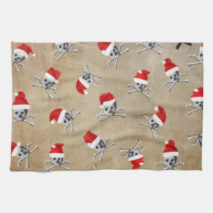 Christmas Holiday Pirate Skulls on Biege Tea Towel