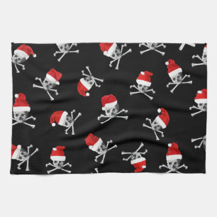 Christmas Holiday Pirate Skulls on Black Tea Towel