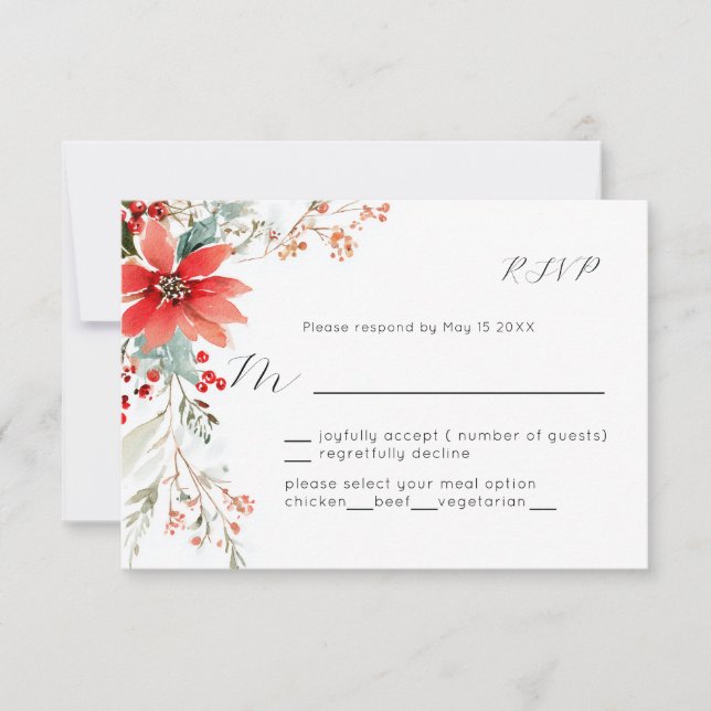 Christmas Holiday Poinsettia floral Wedding RSVP (Front)