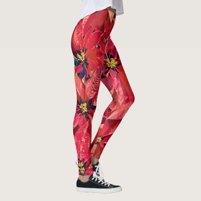 Christmas Holiday Poinsettia Flower Art Leggings (Right)