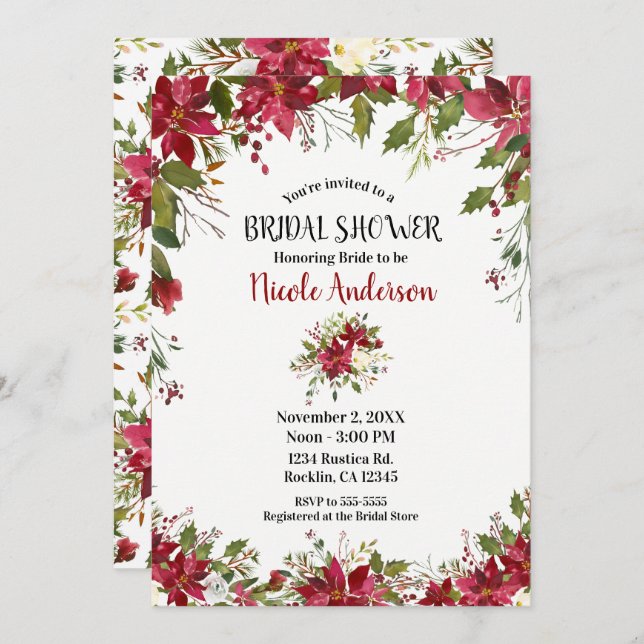 Christmas Holiday Poinsettia Flower Bridal Shower Invitation (Front/Back)