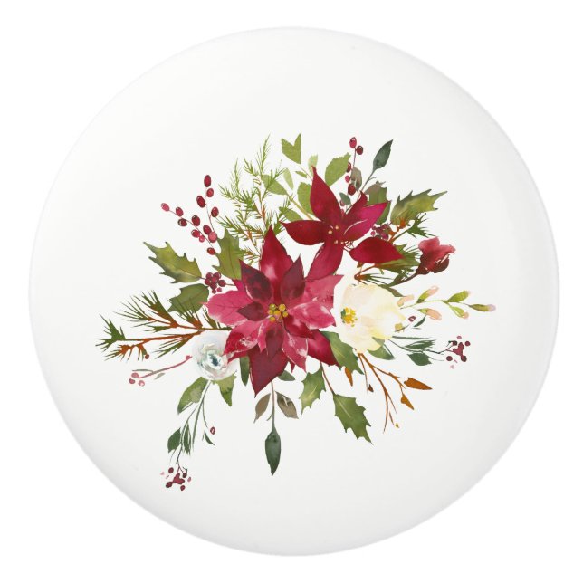 Christmas Holiday Poinsettia Flower Holly Berry Ceramic Knob (Front)