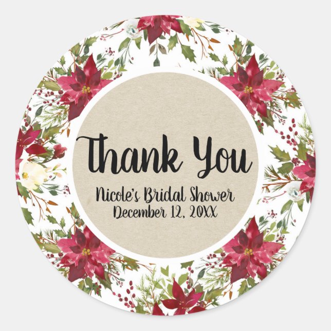 Christmas Holiday Poinsettia Flower Winter Floral Classic Round Sticker (Front)