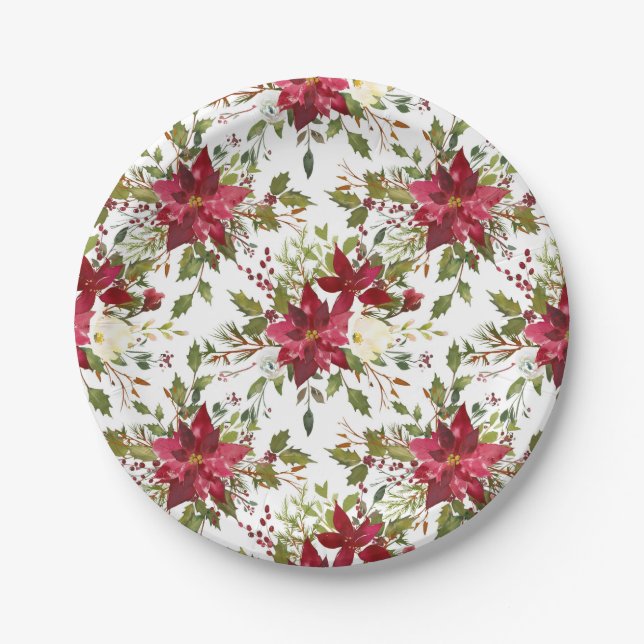 Christmas Holiday Poinsettia Flower Winter Floral Paper Plate (Front)