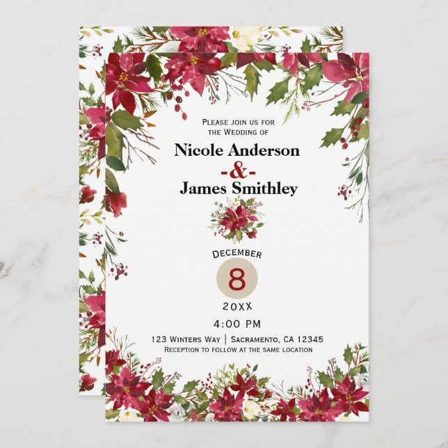 Christmas Holiday Poinsettia Holly Berry Wedding Invitation (Front/Back)