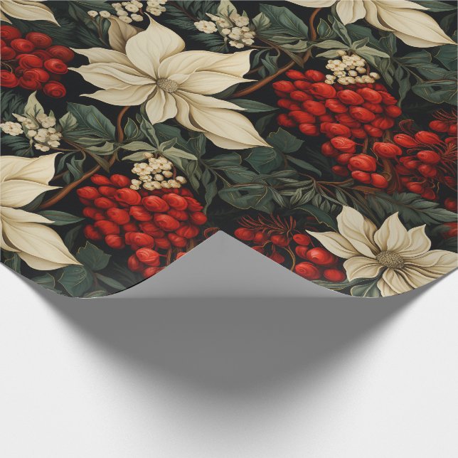 Christmas/Holiday Poinsettias Red Berries Greenery Wrapping Paper (Corner)