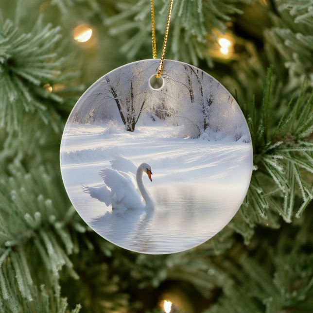 Christmas Holiday Pretty Swan Snow Ceramic Ornament (Tree)