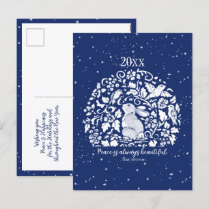 Christmas Holiday Rabbit Blue White Peace Year Postcard