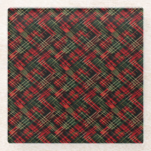 Christmas Holiday Red And Green Plaid Gold Foil Glass Coaster